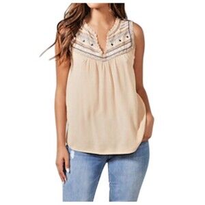 Democracy Cream Sleeveless Blouse Embellished V-Neck Top Size M Boho Chic